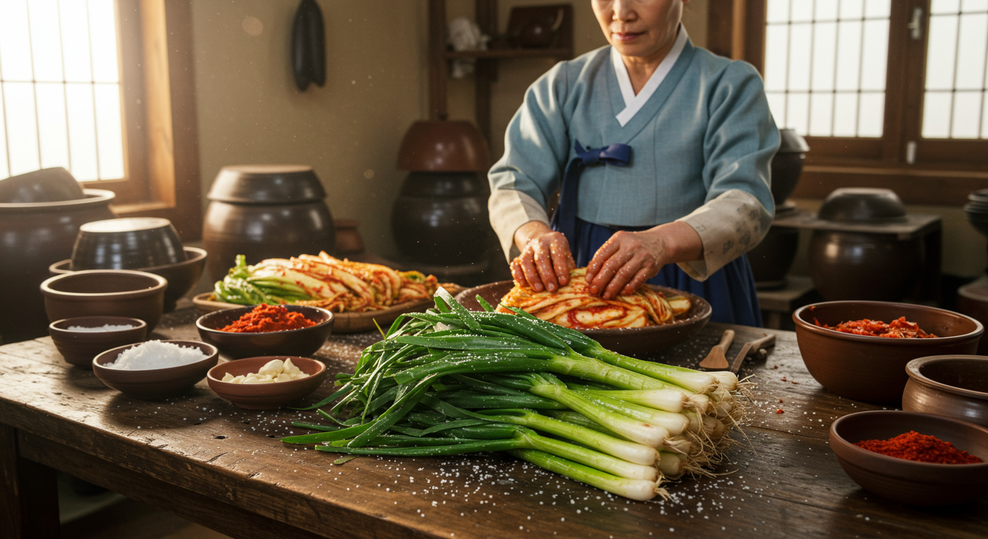 대형 녹색 양파를 소금에 절이는 전통적인 주방 환경