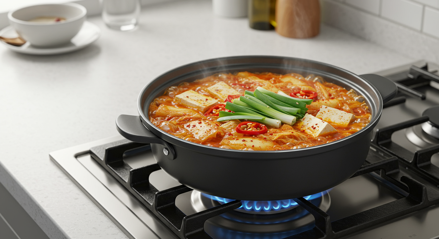 현대적인 주방에서 보글보글 끓고 있는 김치찌개의 모습
