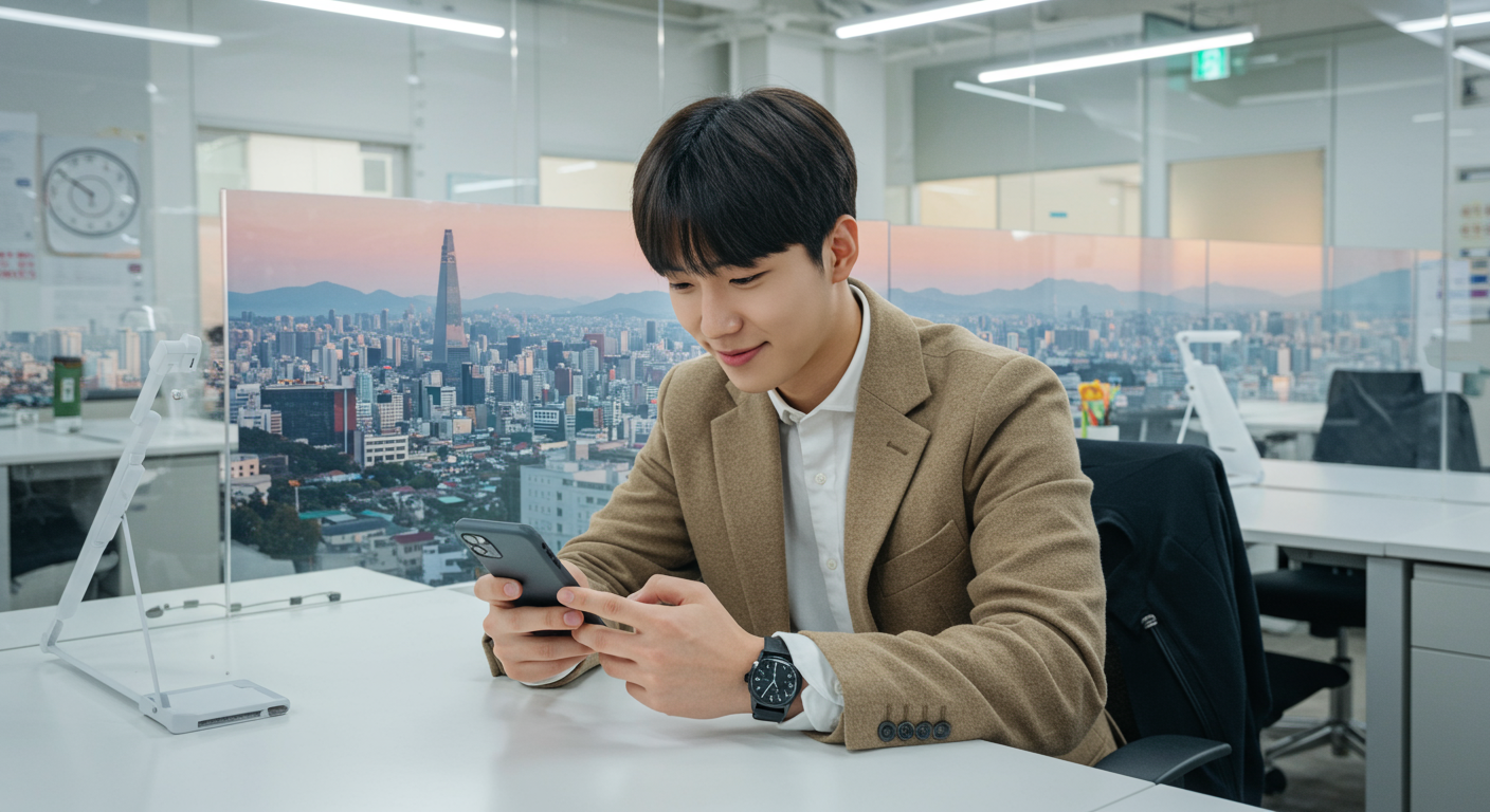 스마트폰 화면에 비친 도시 경관 속 현대인의 SNS 탐색 모습