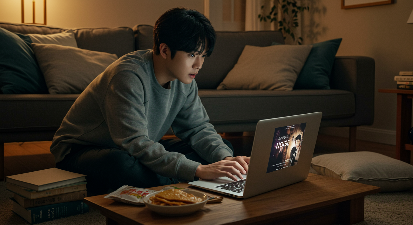 한국의 영화 팬이 집에서 노트북으로 '노이즈' 영화를 검색하는 모습