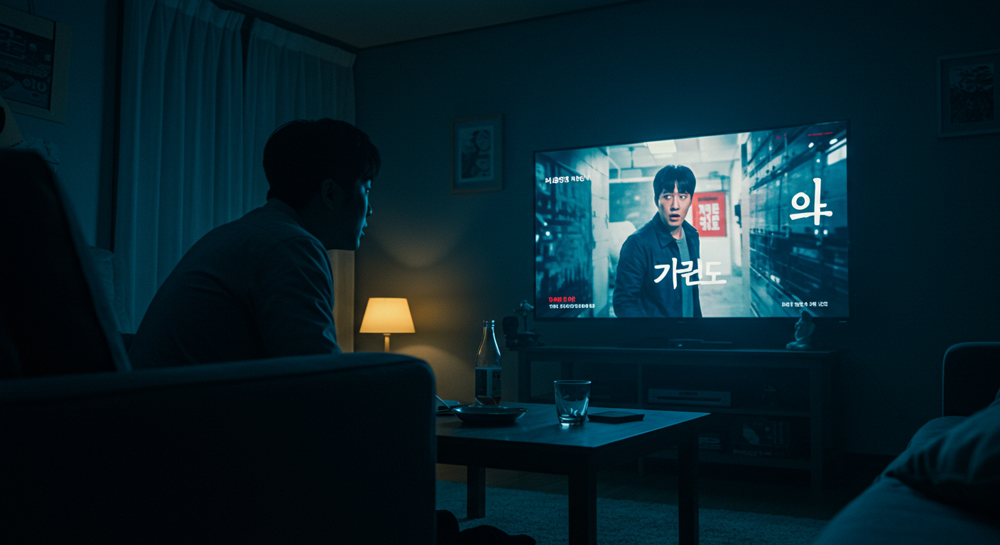어두운 방에서 긴장감 넘치는 '노이즈' 영화 장면을 보는 한국 관객