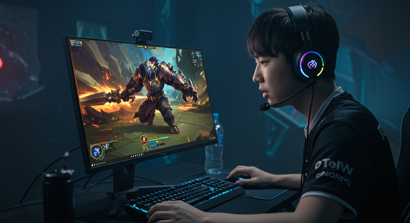 한국 게이머가 화려한 게임 환경에서 TFT 게임을 집중하며 즐기는 모습