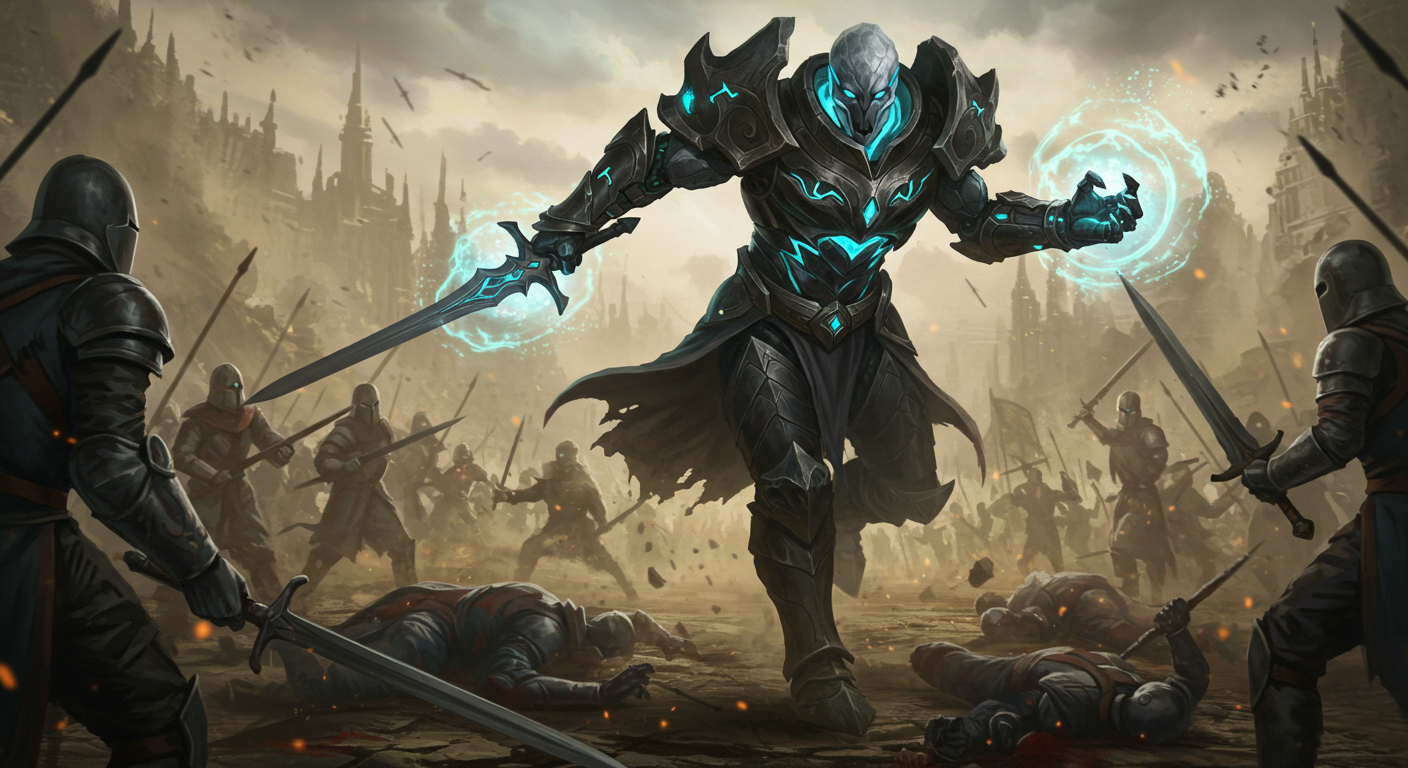 판타지 전투 장면에서 암살자형 탱커로 변신한 말파이트 캐릭터가 적진을 돌파하는 모습