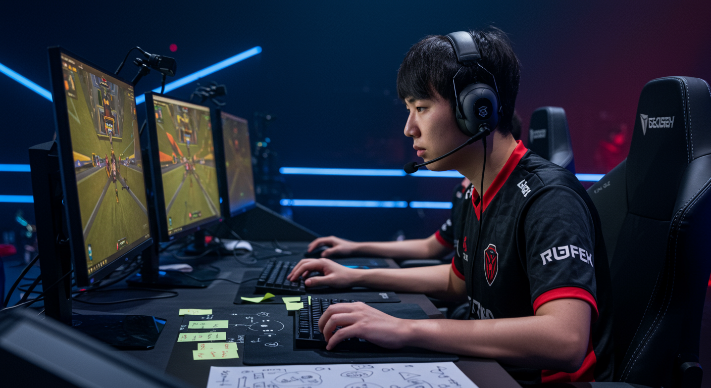 한국 e스포츠 선수가 경쟁적인 게임 세션 중 노트를 확인하며 집중하는 모습