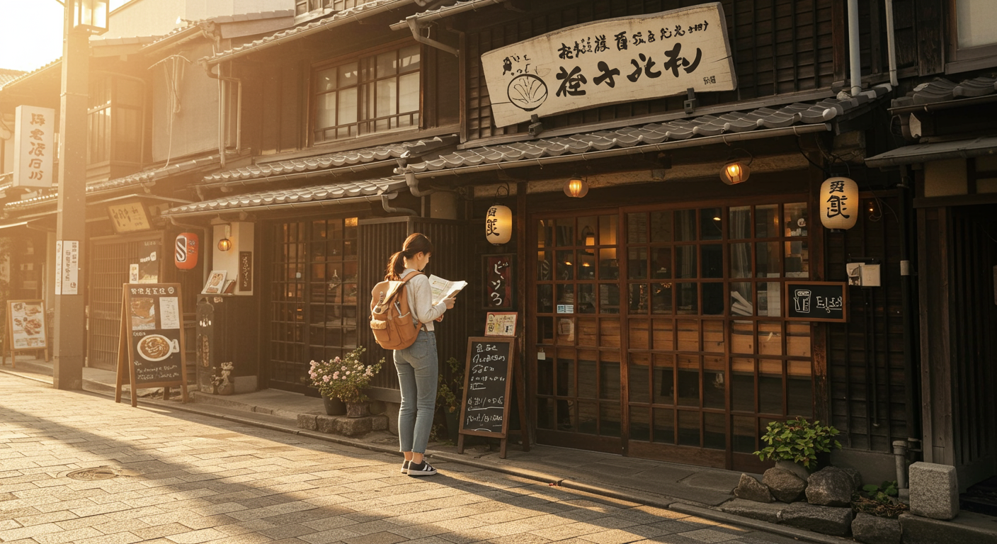 한국인 여행자가 일본 전통 카페 앞에서 여행을 계획하는 모습
