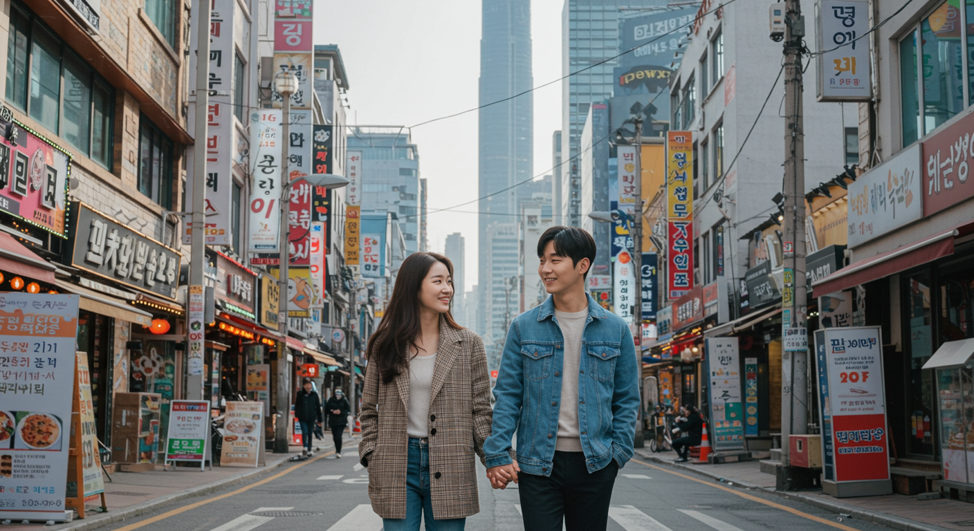 서울 거리에서 손을 잡고 걷는 유명한 한국 커플