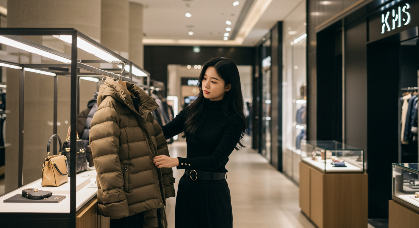 서울 쇼핑몰에서 겨울 코트를 고르는 여성의 모습