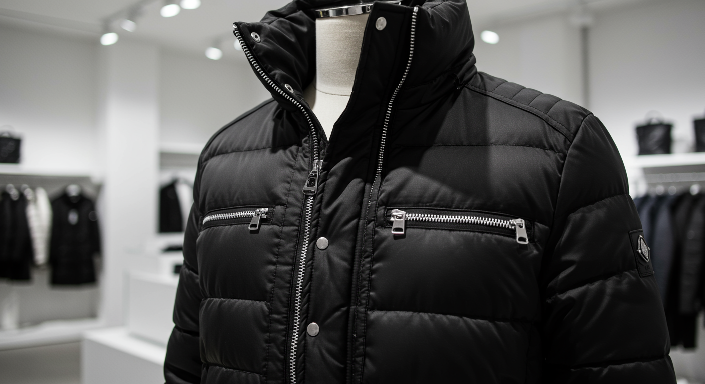 강화된 지퍼와 미니멀 디자인이 돋보이는 롱다운 코트 클로즈업