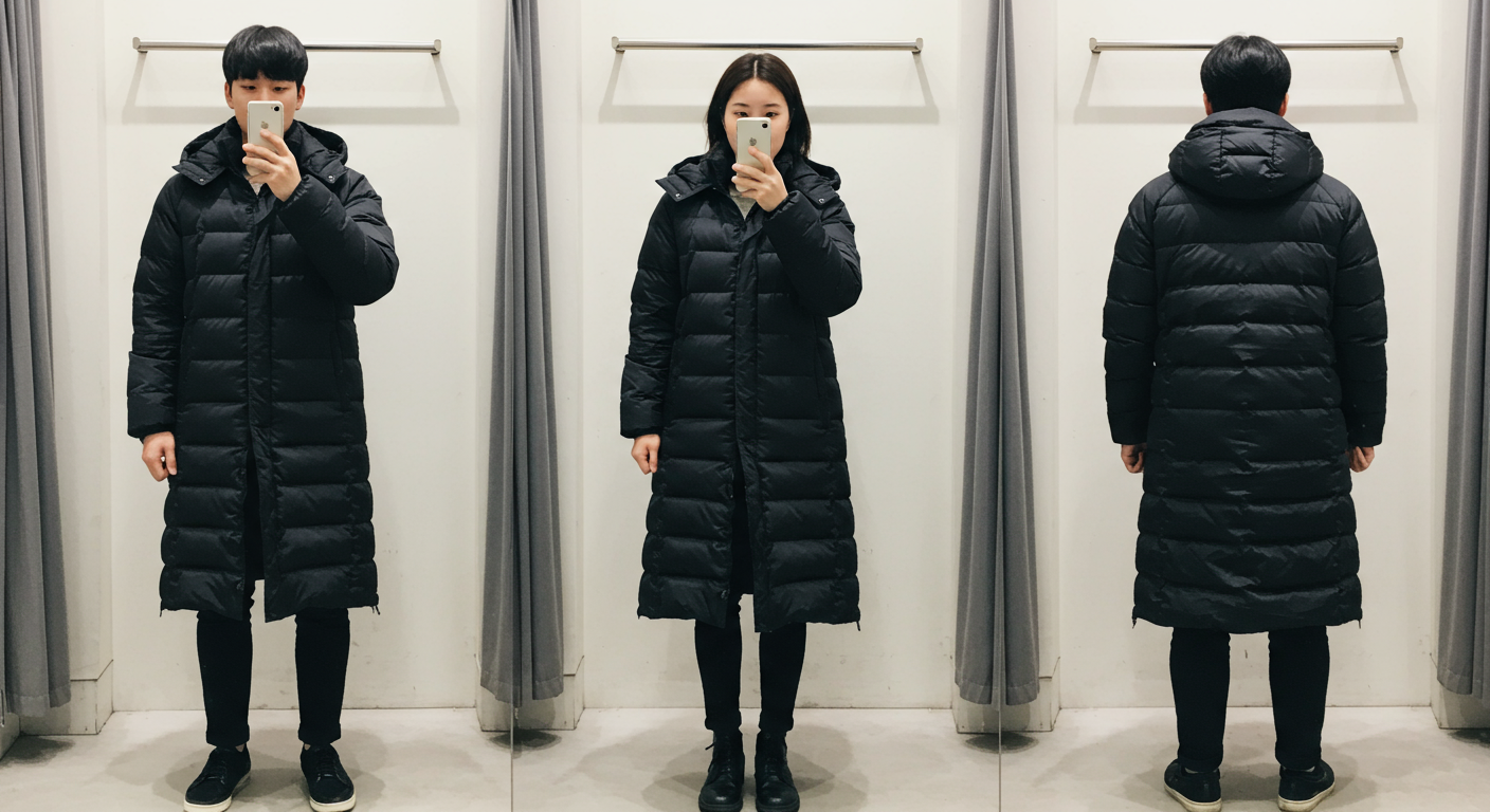 다양한 키와 체형의 사람들이 피팅룸에서 롱다운 코트를 입어보는 모습