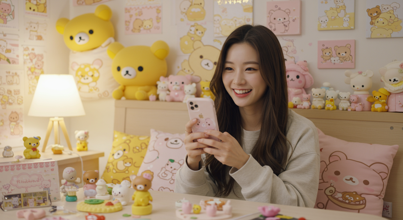 아늑한 방에서 아이폰을 사용하는 현대적인 여성이 리락쿠마 테마로 장식된 모습