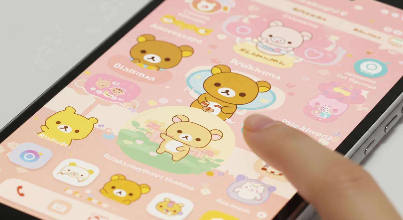 스마트폰 화면에 표시된 인터랙티브한 리락쿠마 테마 요소와 부드러운 파스텔 색상