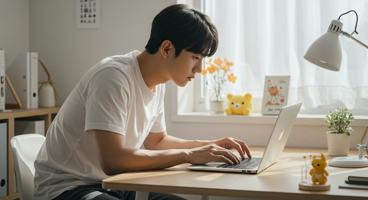 미니멀리스트 작업 공간에서 랩톱으로 리락쿠마 테마를 검색하는 젊은 남성의 모습