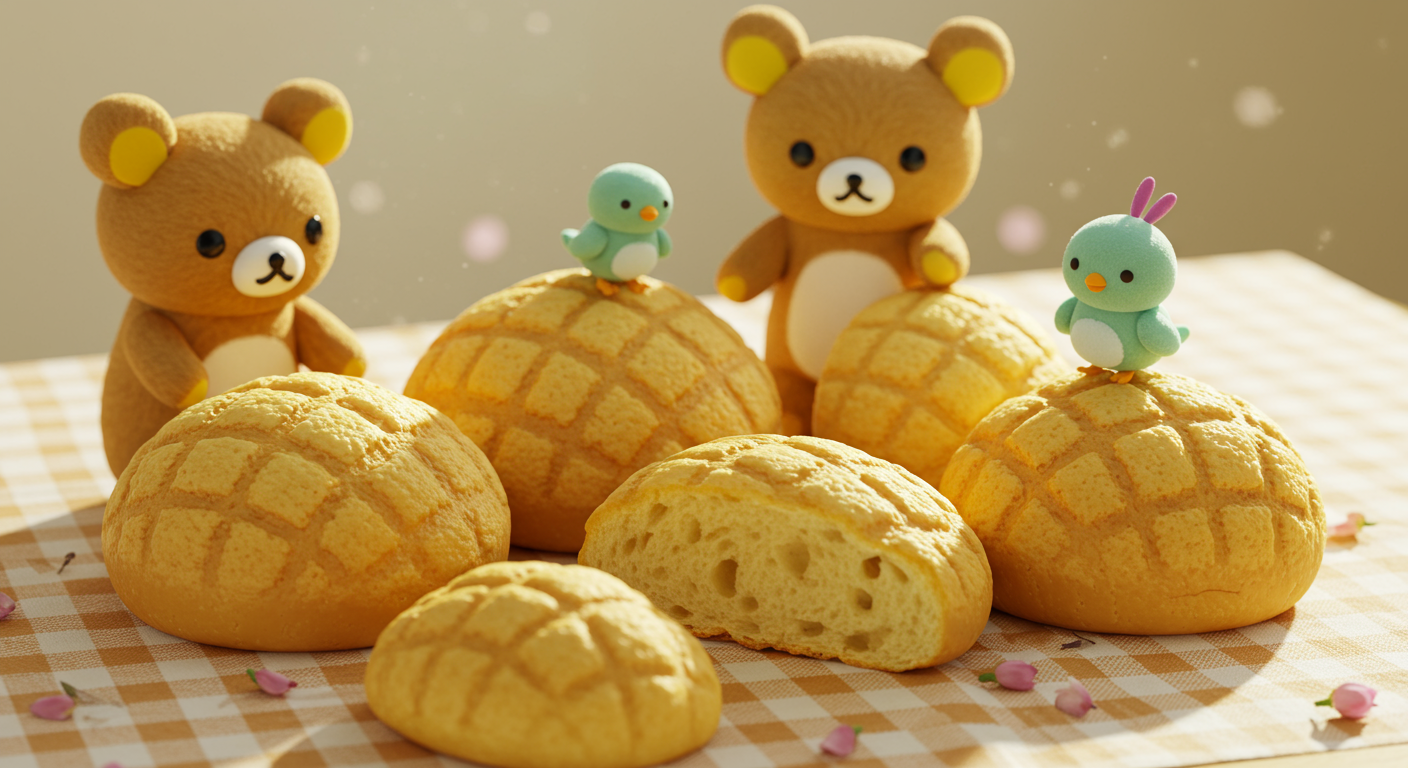 메론빵과 함께 놀고 있는 귀여운 코리락쿠마와 키이로이토리 등 다양한 캐릭터들