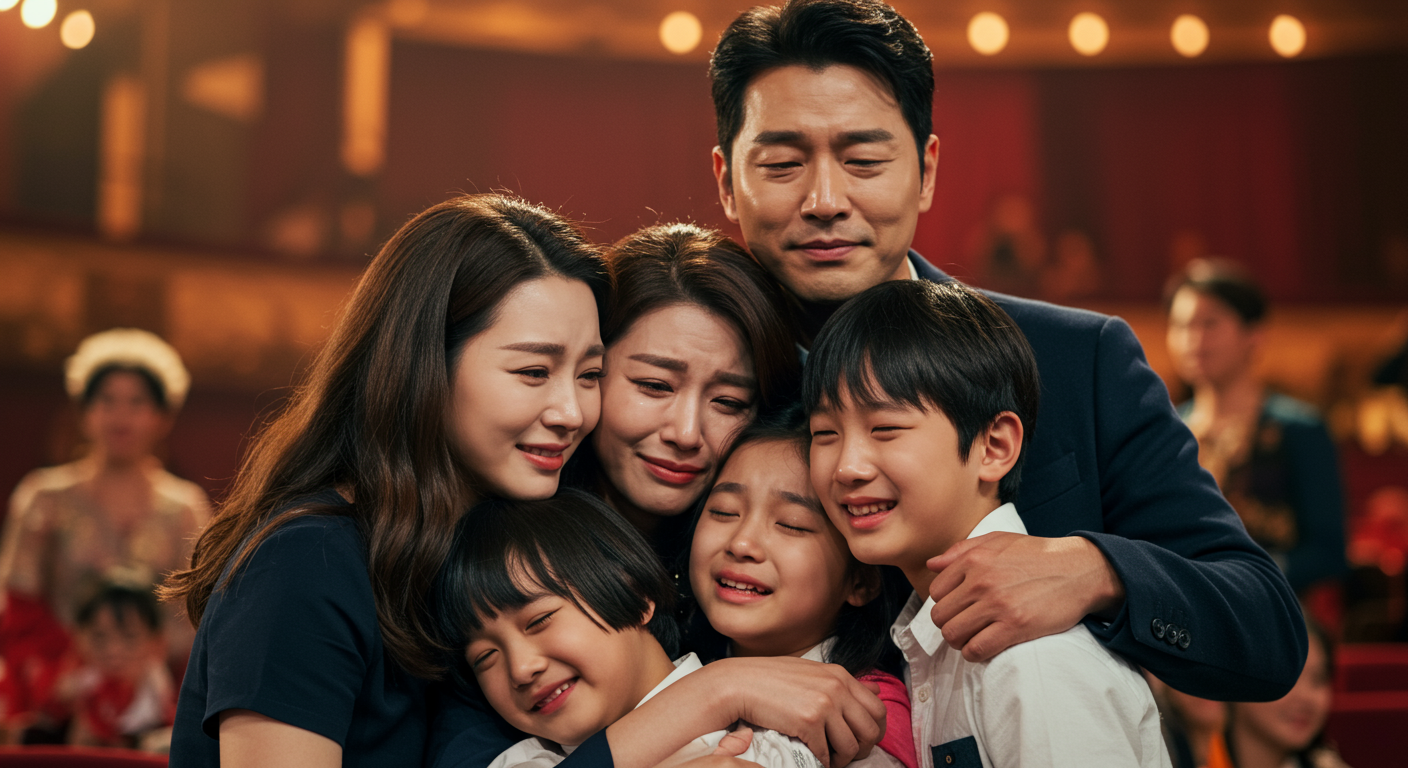 뮤지컬 관람 중 감동적인 순간을 맞아 부모가 자녀를 안고 있는 장면