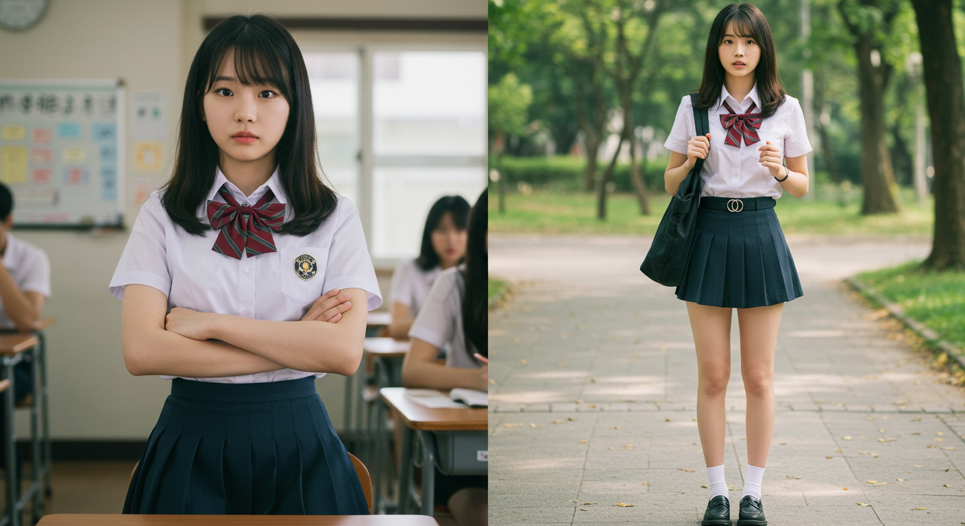 자연스러운 눈매와 둥근 얼굴을 가진 젊은 소녀의 학창 시절 모습