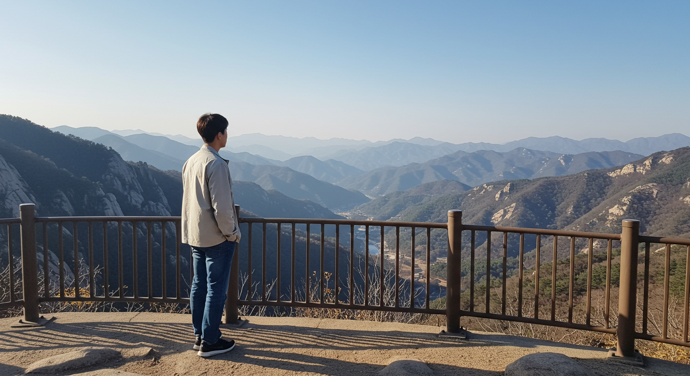여행 중 절경을 바라보며 삶을 돌아보는 한국 남성