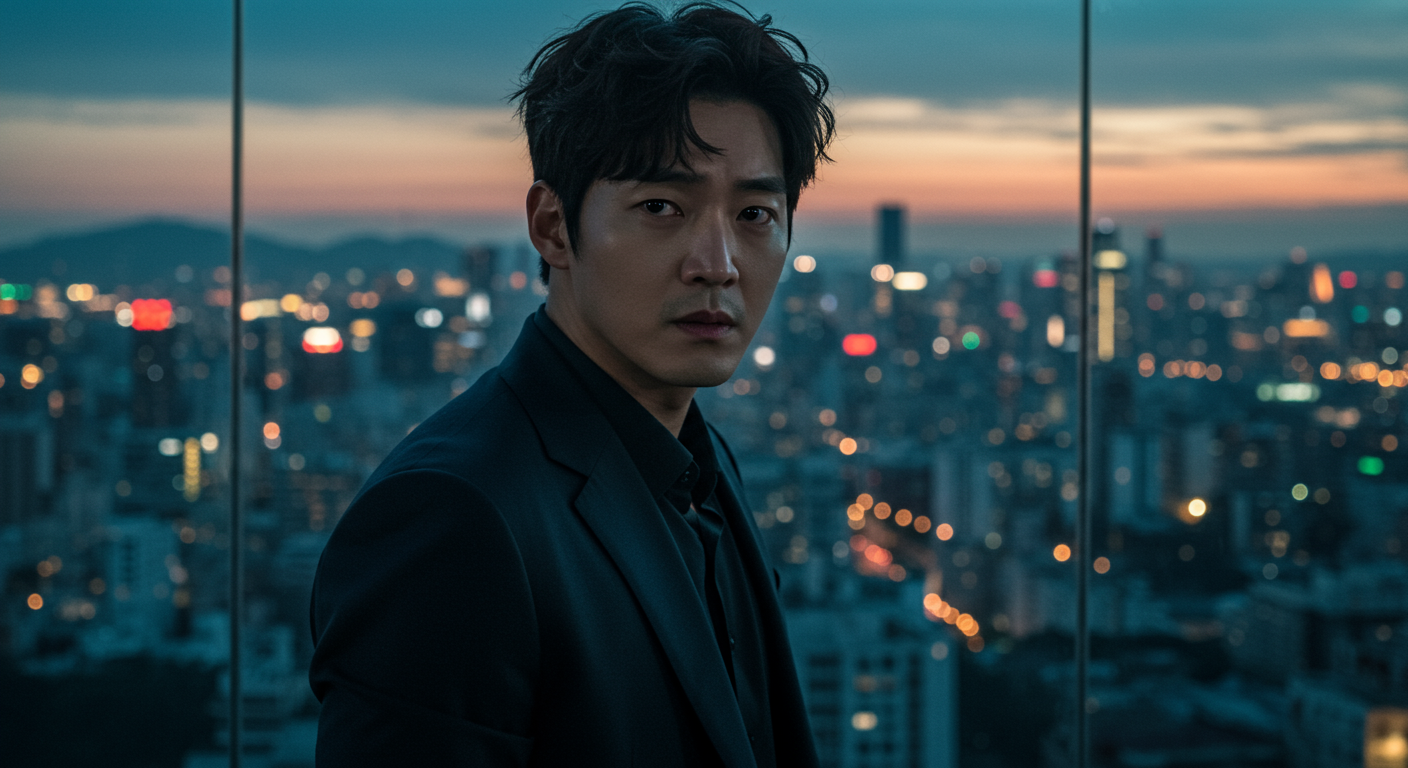 강렬한 눈빛으로 스릴러 장면 속에 서 있는 한국 배우