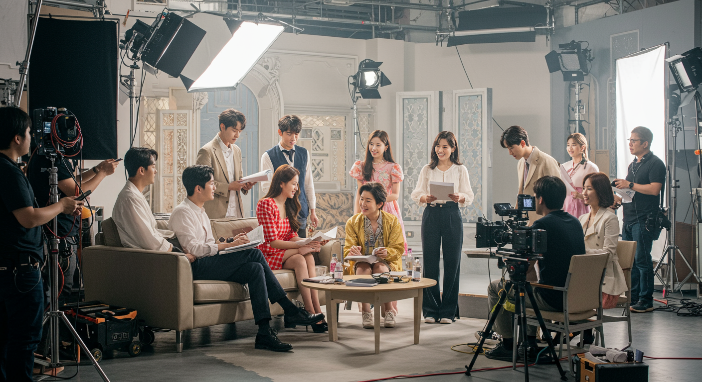인기 있는 넷플릭스 드라마의 세트장에서 촬영 중인 배우들