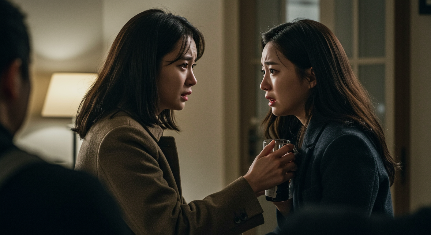 감정적인 장면을 연기하는 두 현대 한국 여배우의 모습