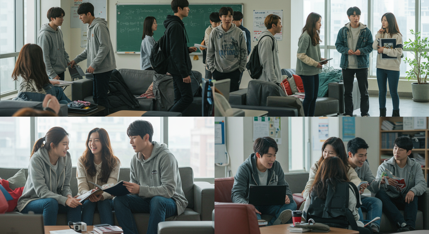 대학 캠퍼스에서 활발하게 대화하고 활동하는 젊은 한국 배우들