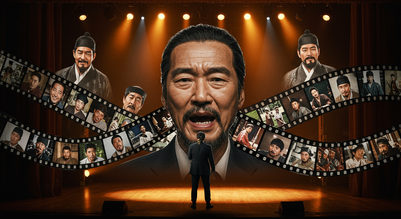 무대 위 다양한 배역을 초상화와 필름 릴 요소로 묘사한 베테랑 한국 배우