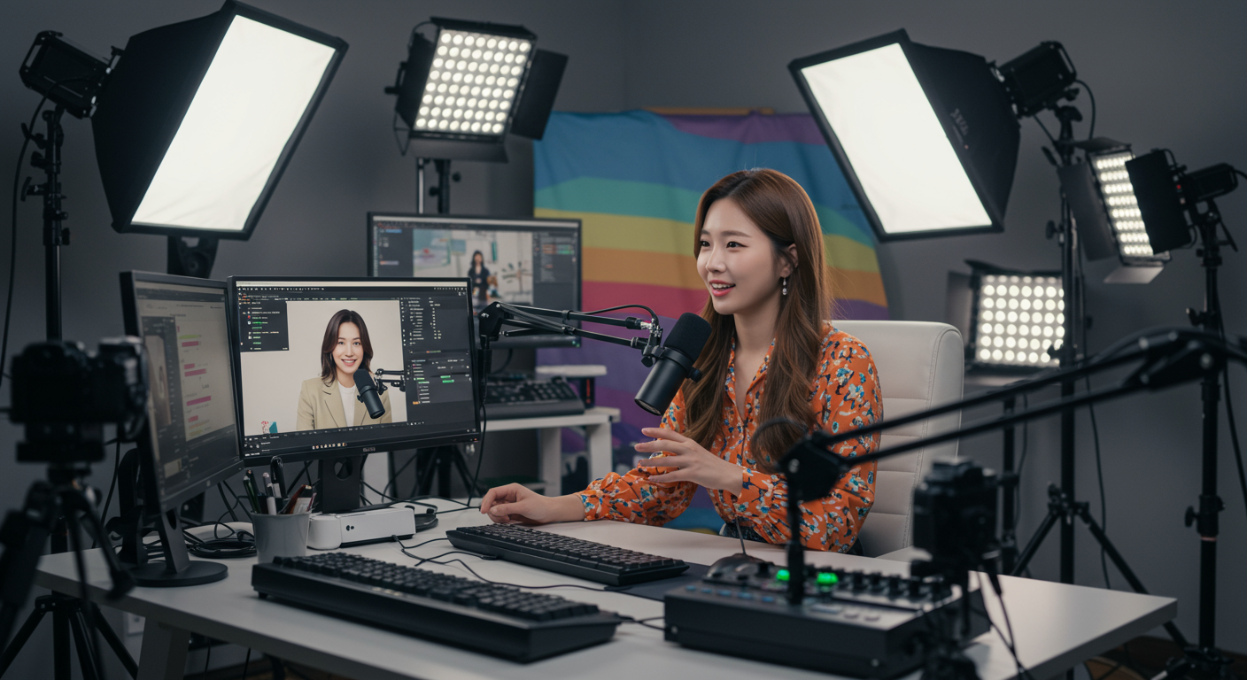 홈 스튜디오에서 라이브 스트리밍 방송을 진행하는 여성