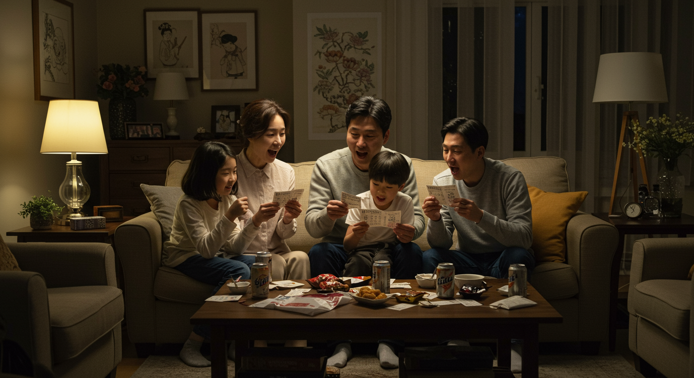 토요일 저녁 거실에서 가족들이 모여 로또 추첨을 기다리는 장면