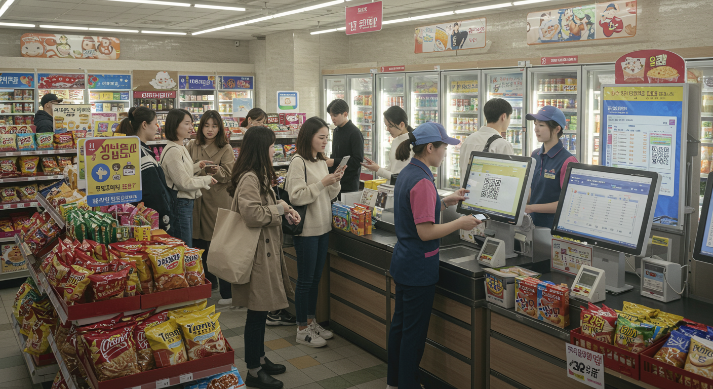편의점에서 고객들이 QR코드를 스캔하여 로또 결과를 확인하는 모습