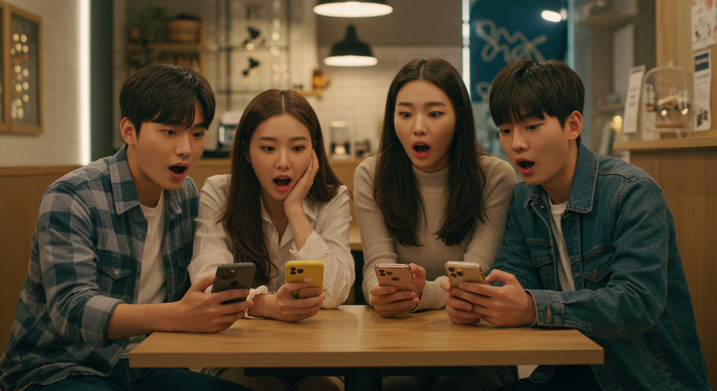 젊은 성인들이 카페에서 스마트폰으로 드라마틱한 장면을 시청하며 놀라는 모습