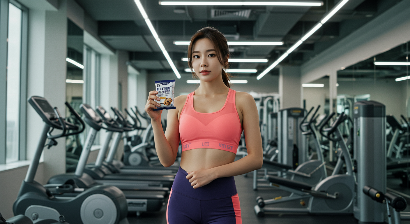 피트니스 복장을 입은 여성이 헬스장 배경에서 딜라이틴 쿠키를 들고 있는 모습