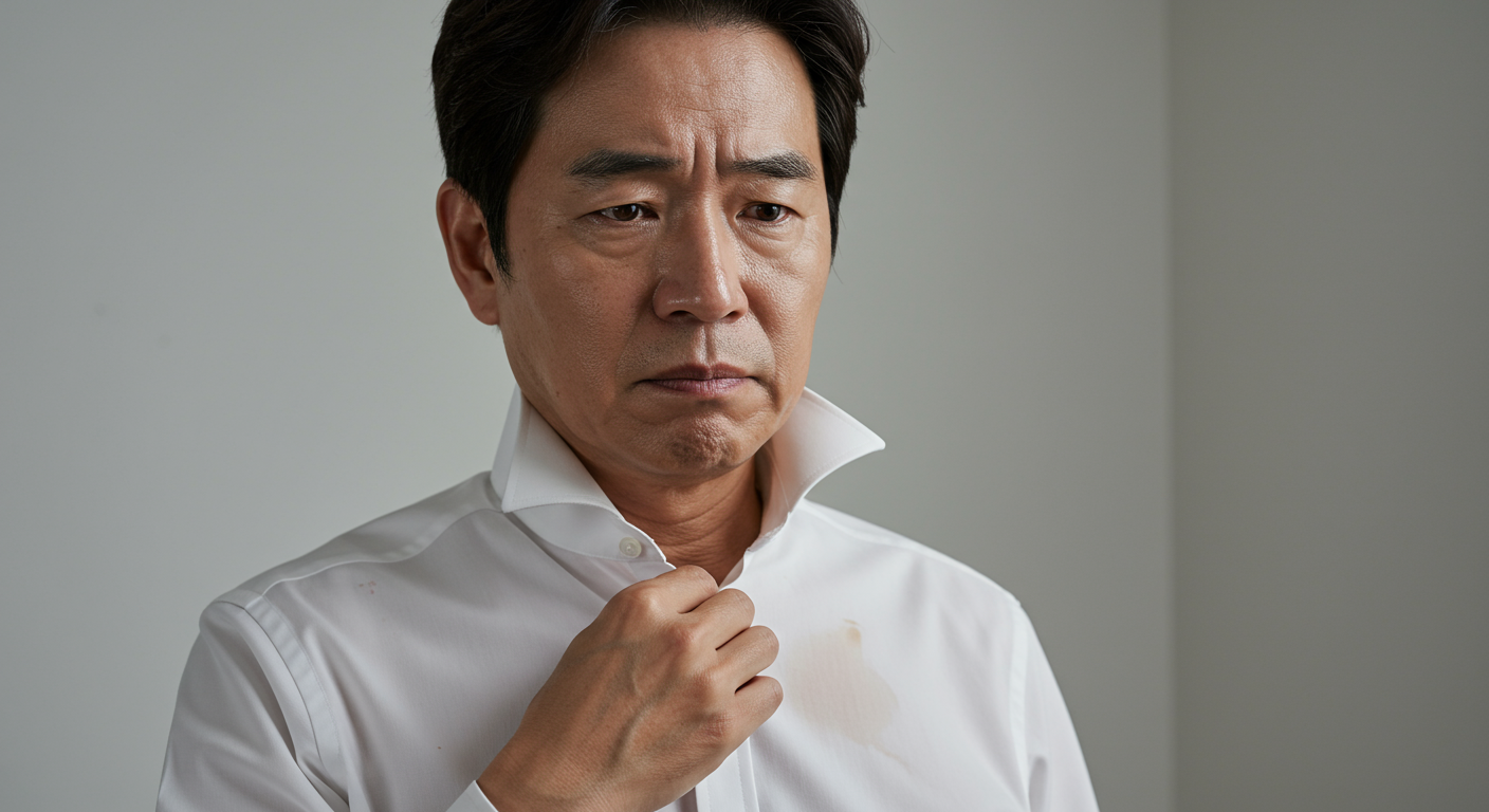 밝은 조명 아래 셔츠 목 부분의 땀 얼룩을 보는 남자