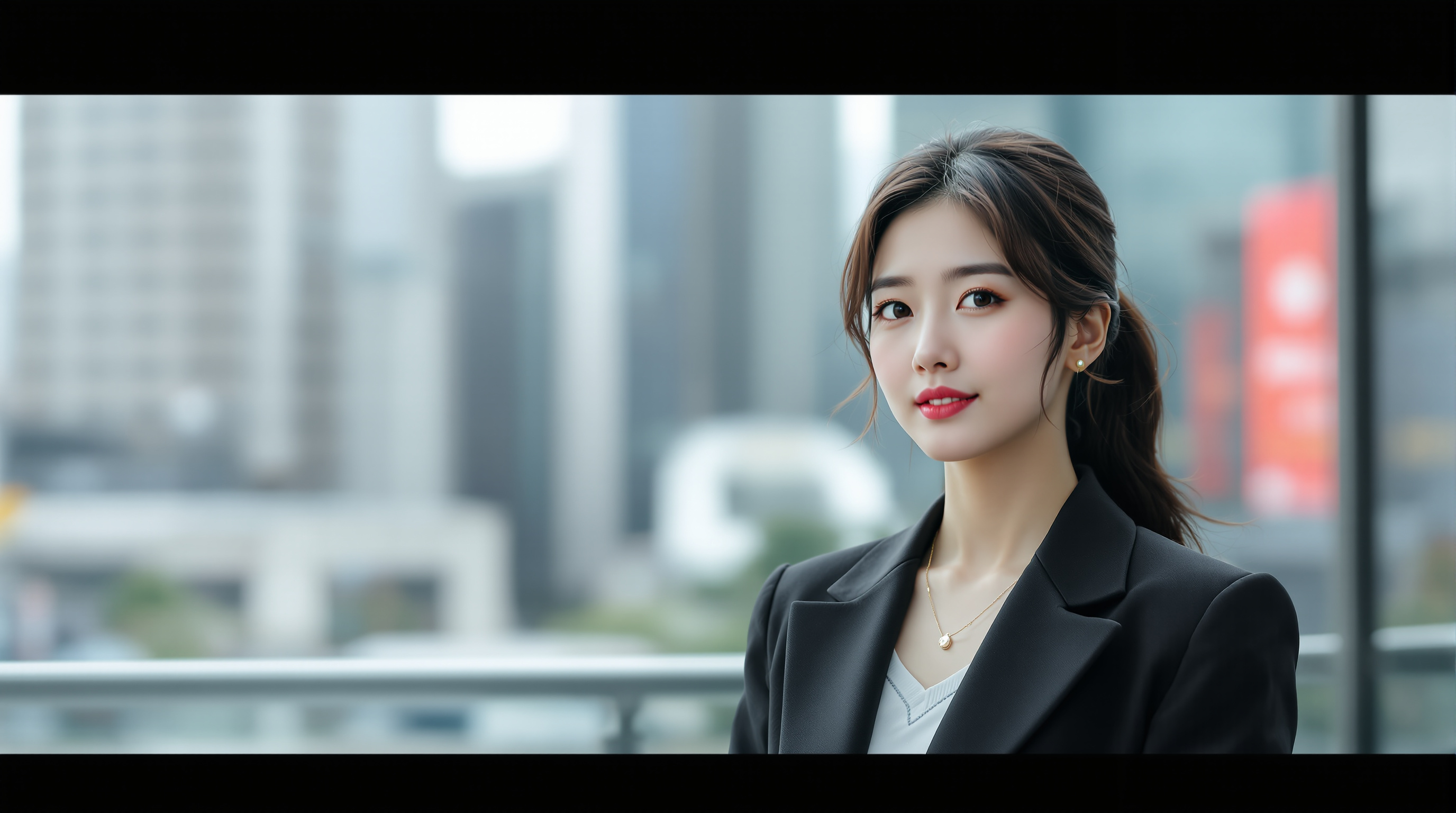 도시 풍경 속에서 지적이고 세련된 분위기의 여성