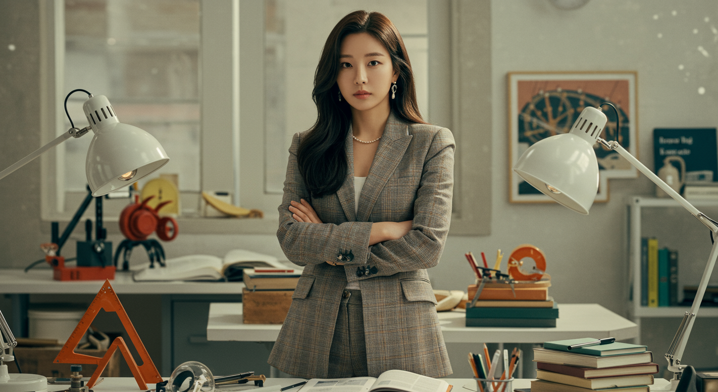 스타일리시한 옷차림의 여성이 책과 공학 장비와 함께 있는 모습