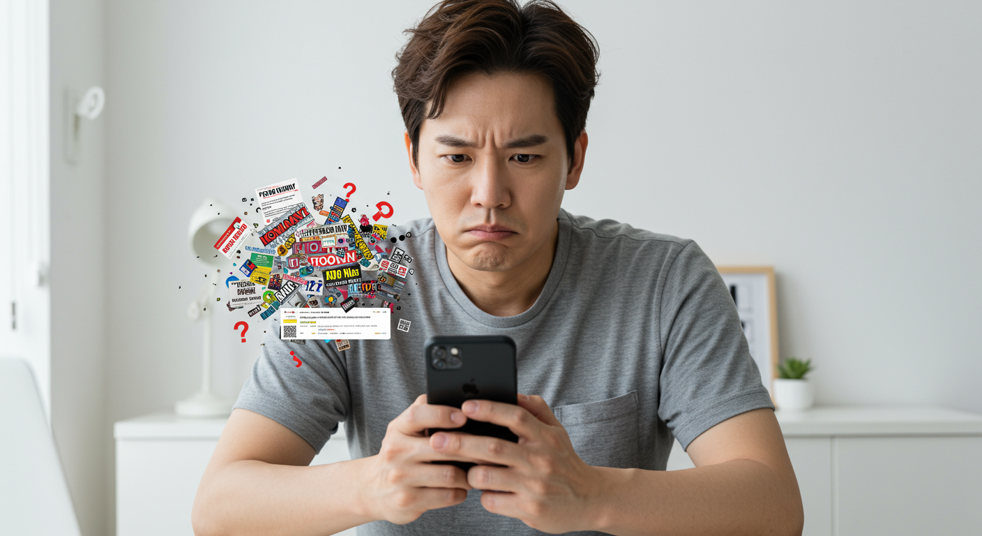 잘못된 정보를 스마트폰으로 검색하며 혼란스러워하는 사람