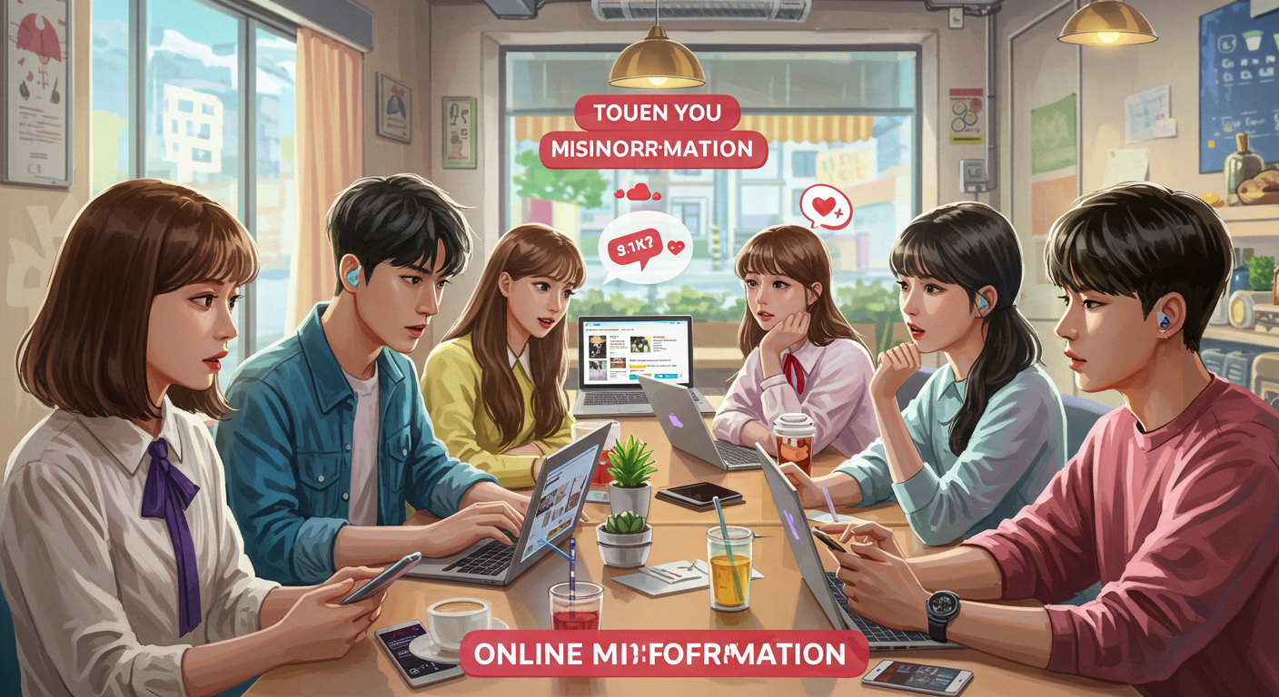 카페에서 온라인 정보를 토론하는 젊은이들의 현대적 일상