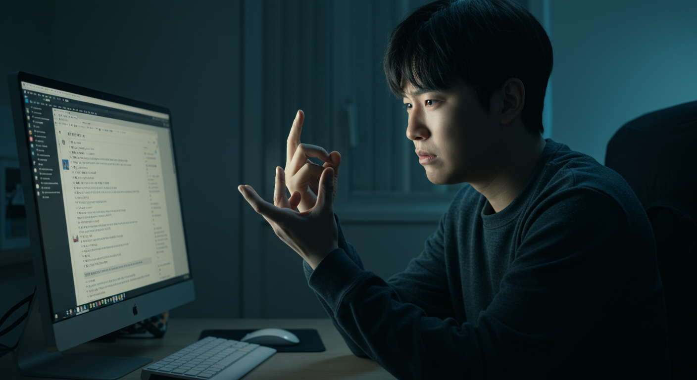 한국인이 컴퓨터 화면에서 논란이 되는 손동작을 하고 있는 모습