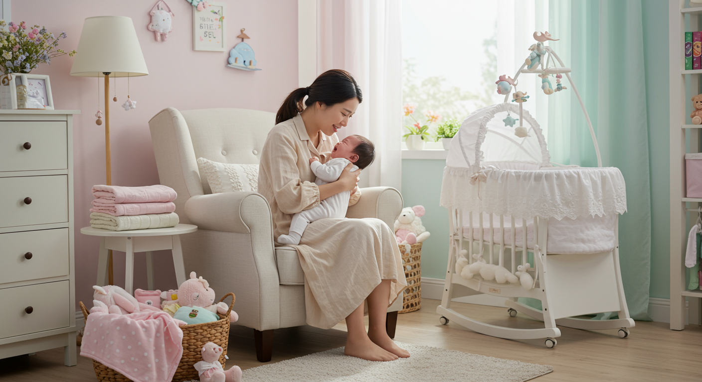 현대적인 유아방에서 아기를 달래는 어머니의 모습