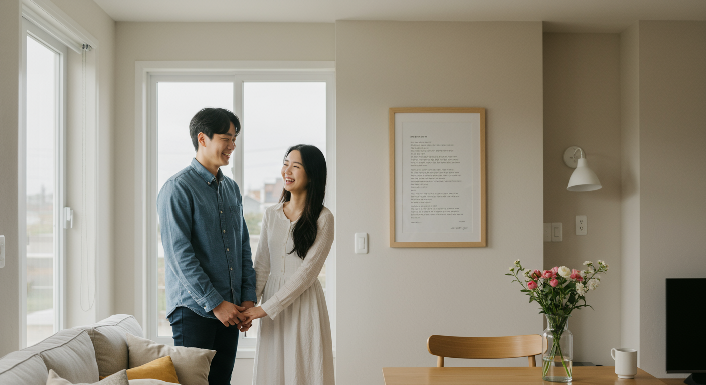 새집에서 서로 마주 보며 미소 짓고 있는 젊은 부부와 벽에 걸린 혼인서약문