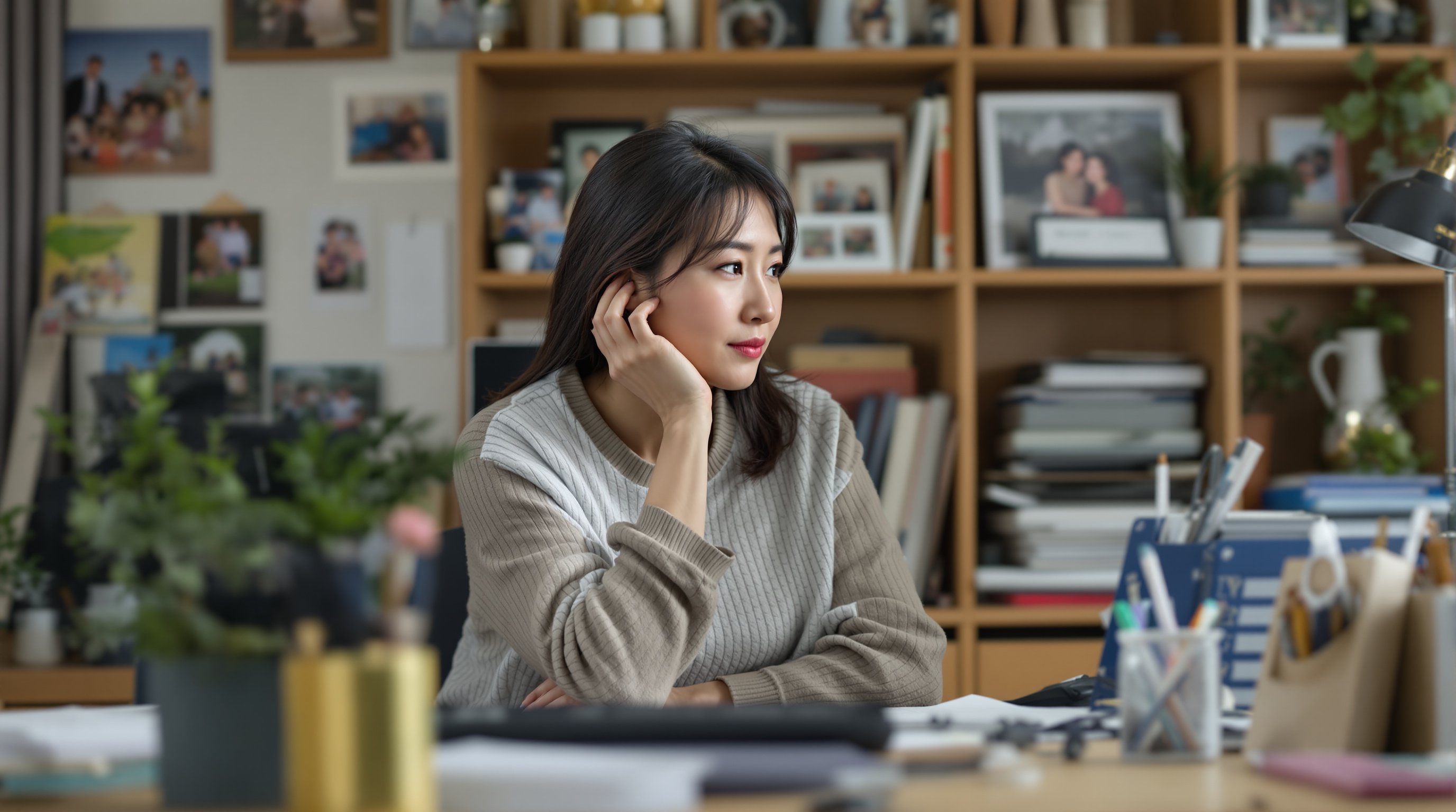 책상에 앉아 삶의 전환점에 대해 생각하는 중년 여성