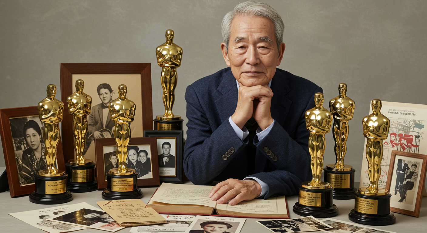 노배우가 자신의 경력을 회상하며 주변에 놓인 상패와 기념품들과 함께 있는 장면