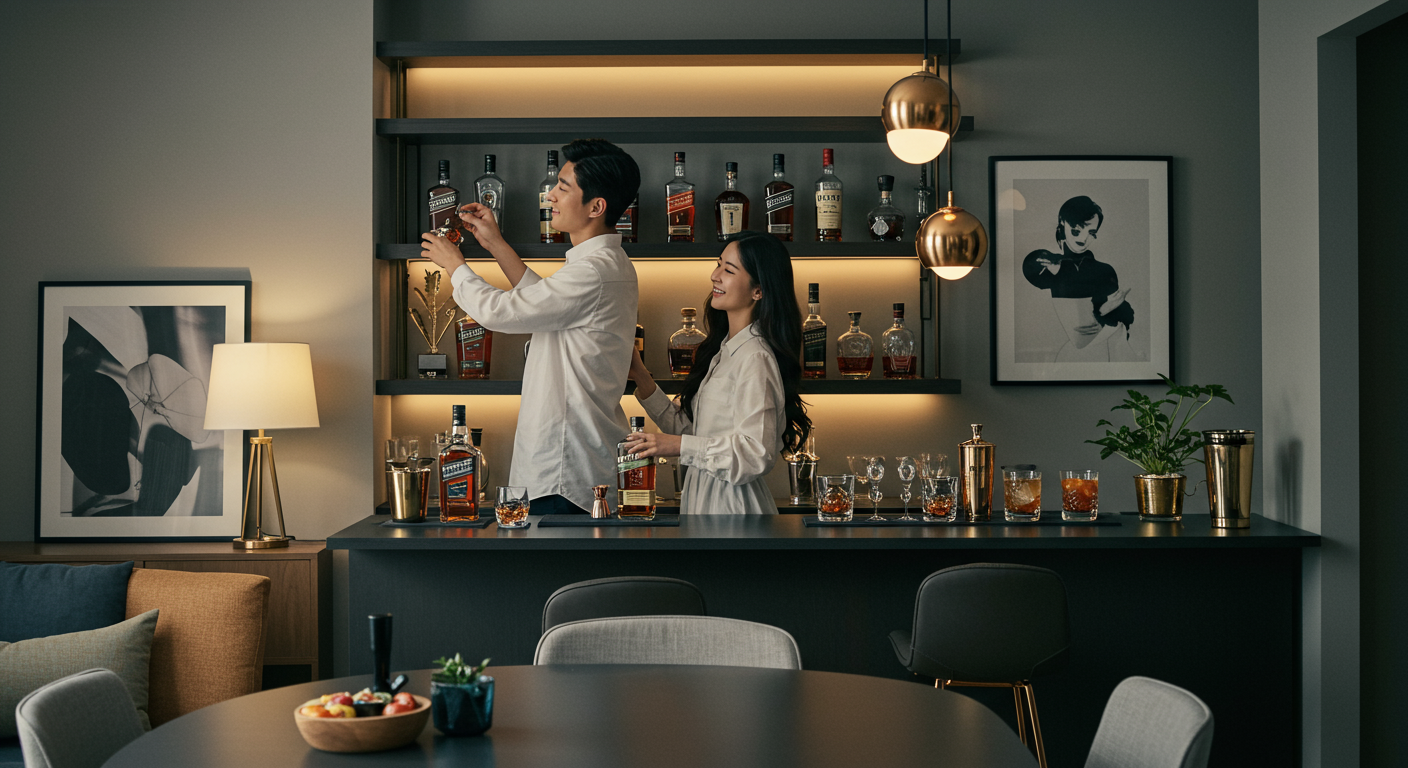 젊은 커플이 세련된 홈바를 꾸미는 모습