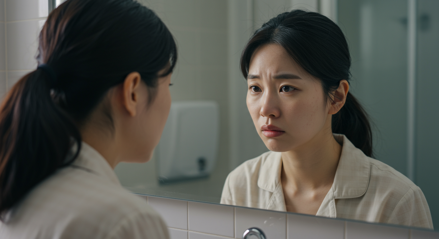 아침 햇살 속 거울을 보며 얼굴 붓기를 걱정하는 여성의 모습