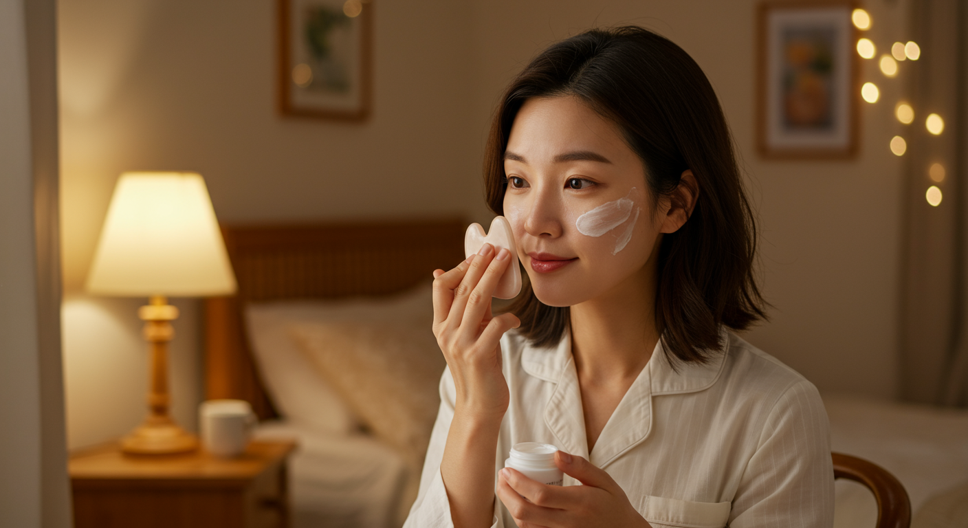 겨울철 밤에 보습제를 바르고 괄사를 사용하는 따뜻한 분위기의 여성