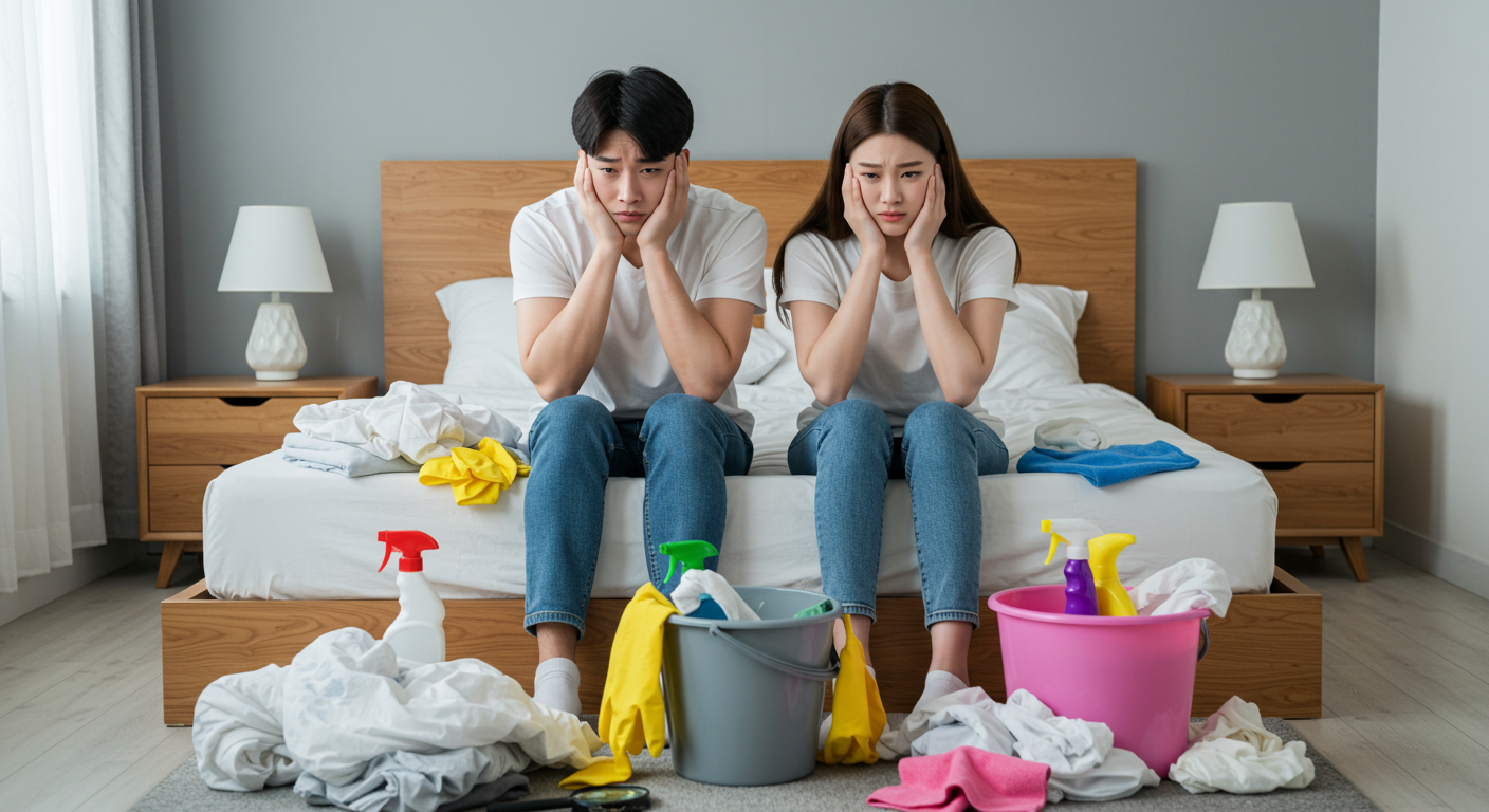 걱정하는 젊은 커플이 침대에 앉아 청소 용품과 돋보기를 들고 있는 모습