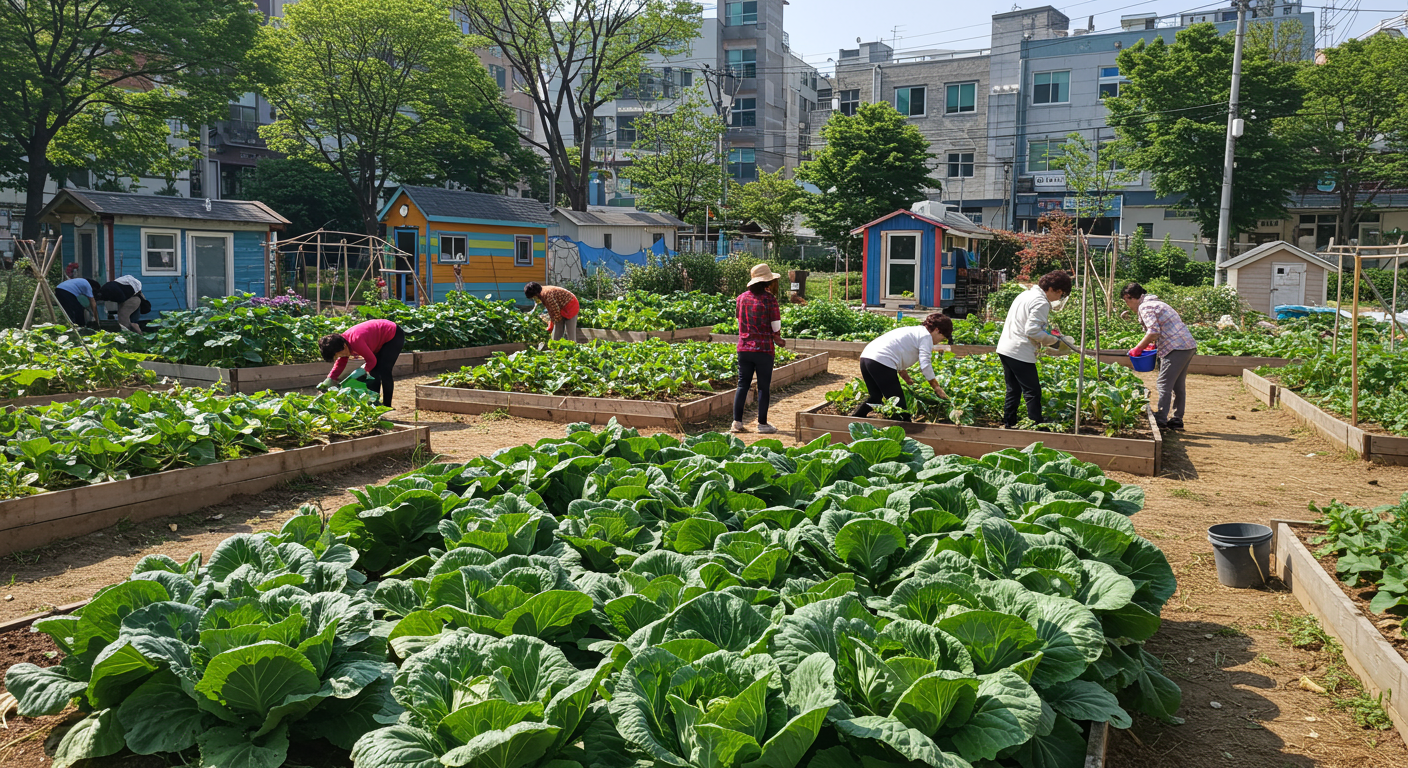 서울 도시 텃밭에서 배추를 가꾸는 사람들의 모습
