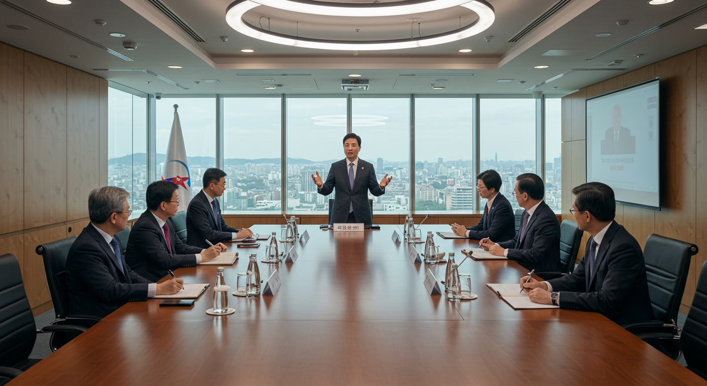 국제 회의실에서 다양한 언어 능력을 발휘하며 글로벌 전략을 설명하는 한국 사업가
