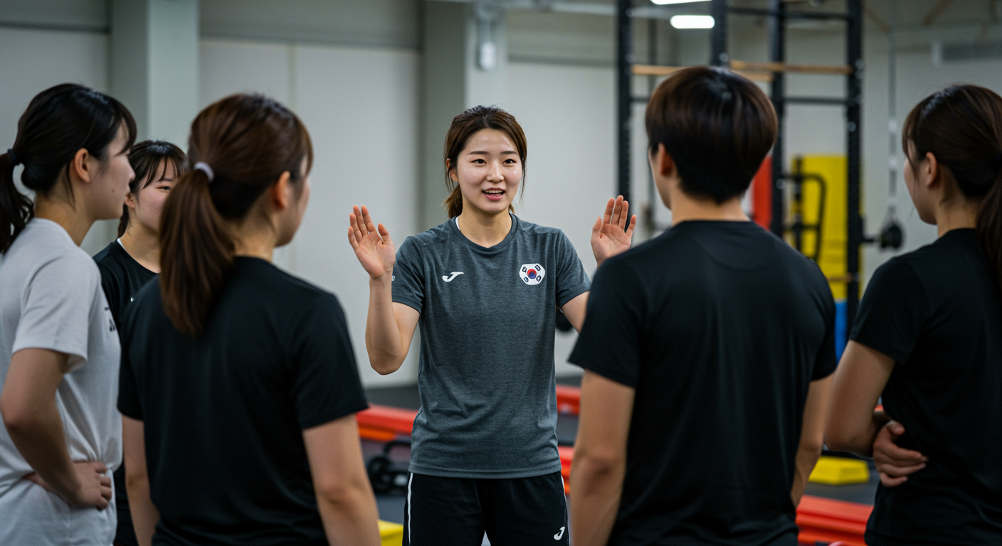 국제 팀 동료들과 소통하며 리더십을 발휘하는 한국 운동선수