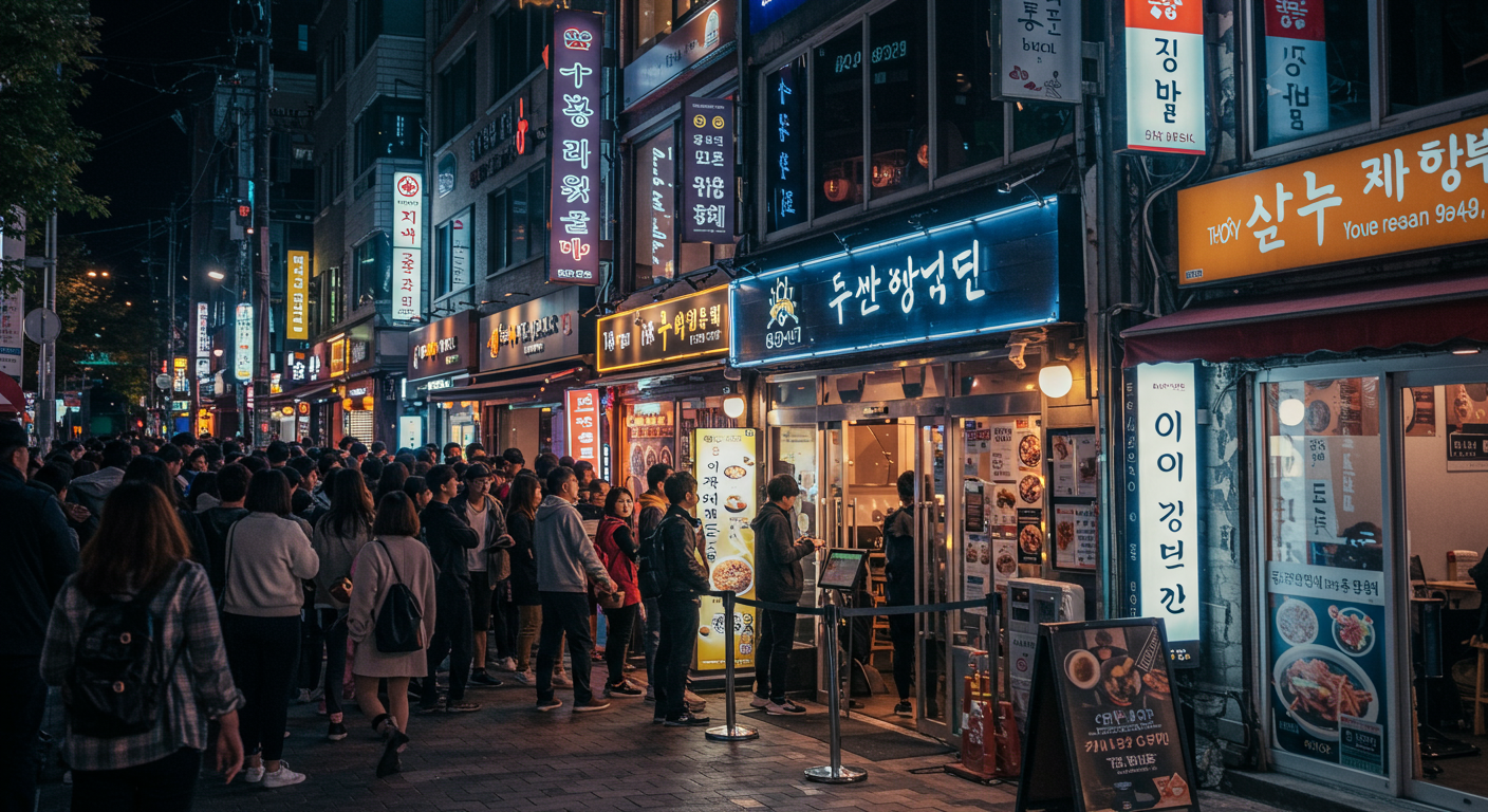 을지로 거리에서 사람들이 식당 앞에 줄을 서 있는 모습