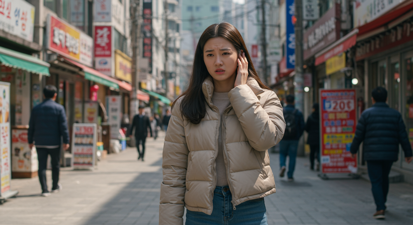 도심 속에서 귀 불편함을 느끼며 귀를 잡고 있는 여성