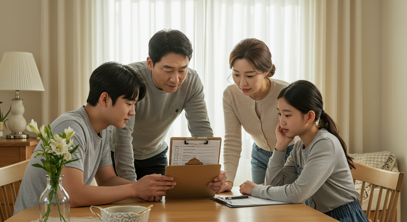 가정에서 체크리스트를 보며 건강 상태를 점검하는 가족들